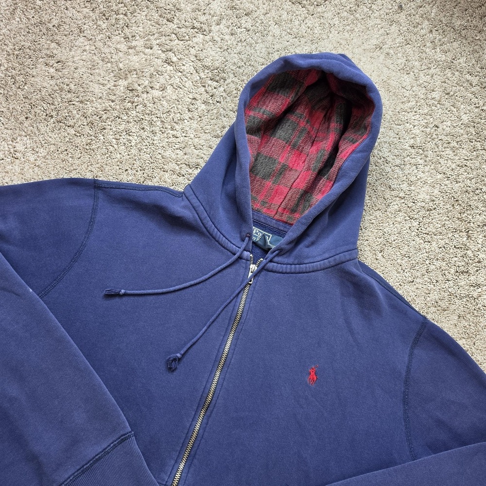 VINTAGE Polo Ralph Lauren Hoodie Mens 2XL Blue Red Pony Zip Hooded Plaid Lined